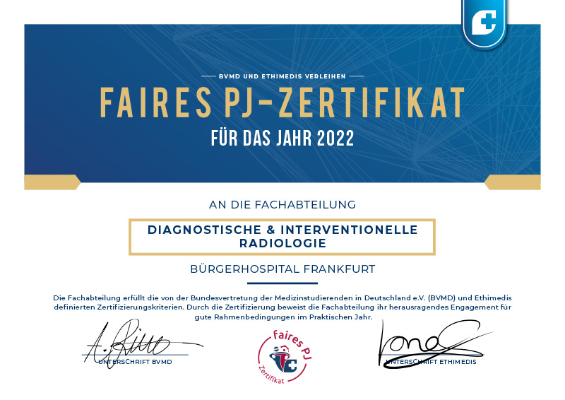 Faires PJ-Zertifikat - Diagnostische und interventionelle Radiologie - Bürgerhospital Frankfurt