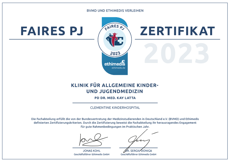 Faires PJ-Zertifikat 2023 - Allgemeine Kinder- und Jugendmedizin - Clementine Kinderhospital