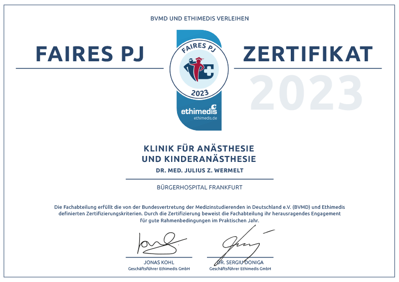Faires PJ-Zertifikat 2023 - Anaesthesie - Bürgerhospital Frankfurt