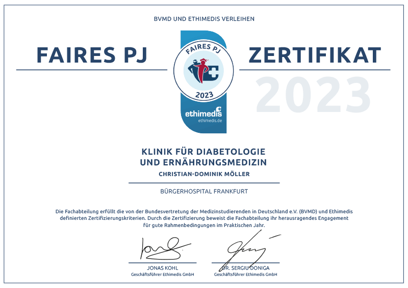 Faires PJ-Zertifikat 2023 - Diabetologie Ernährungsmedizin - Bürgerhospital Frankfurt