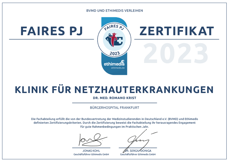 Faires PJ-Zertifikat 2023 - Netzhauterkrankungen - Bürgerhospital Frankfurt